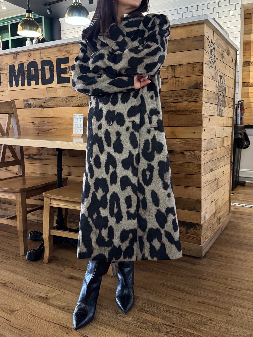 Commense Long Leopard-Print Coat Dress in Black & Cream